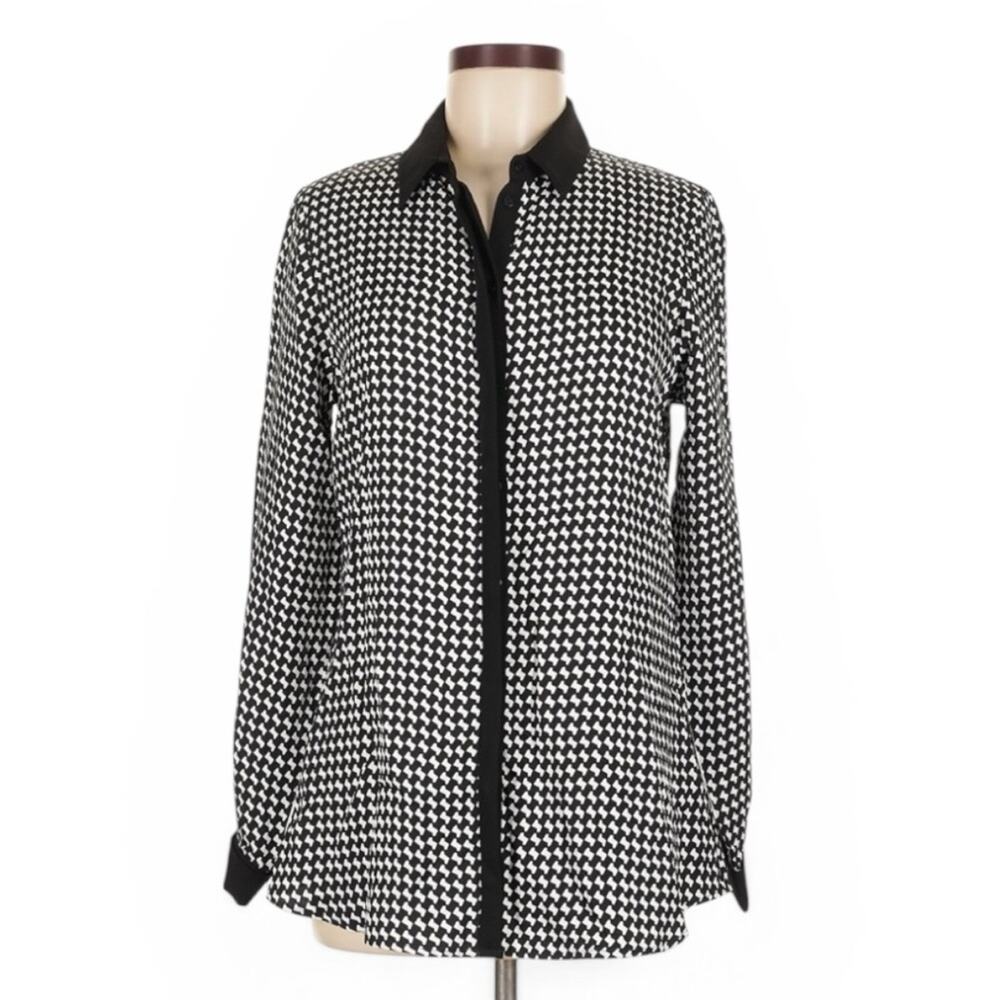 Anne Fontaine Button Up Blouse Black White Print Long Sleeve Shirt Size 8 Eu 40